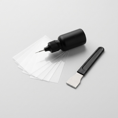 Nesatora GlassFix windshield repair kit: resin applicator, curing films and razor blade