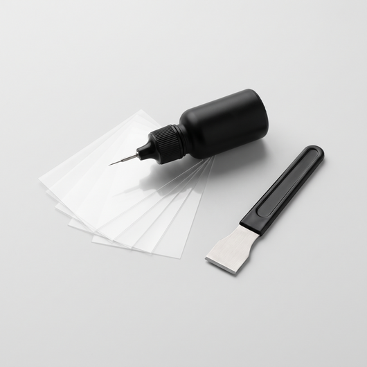 Nesatora GlassFix windshield repair kit: resin applicator, curing films and razor blade